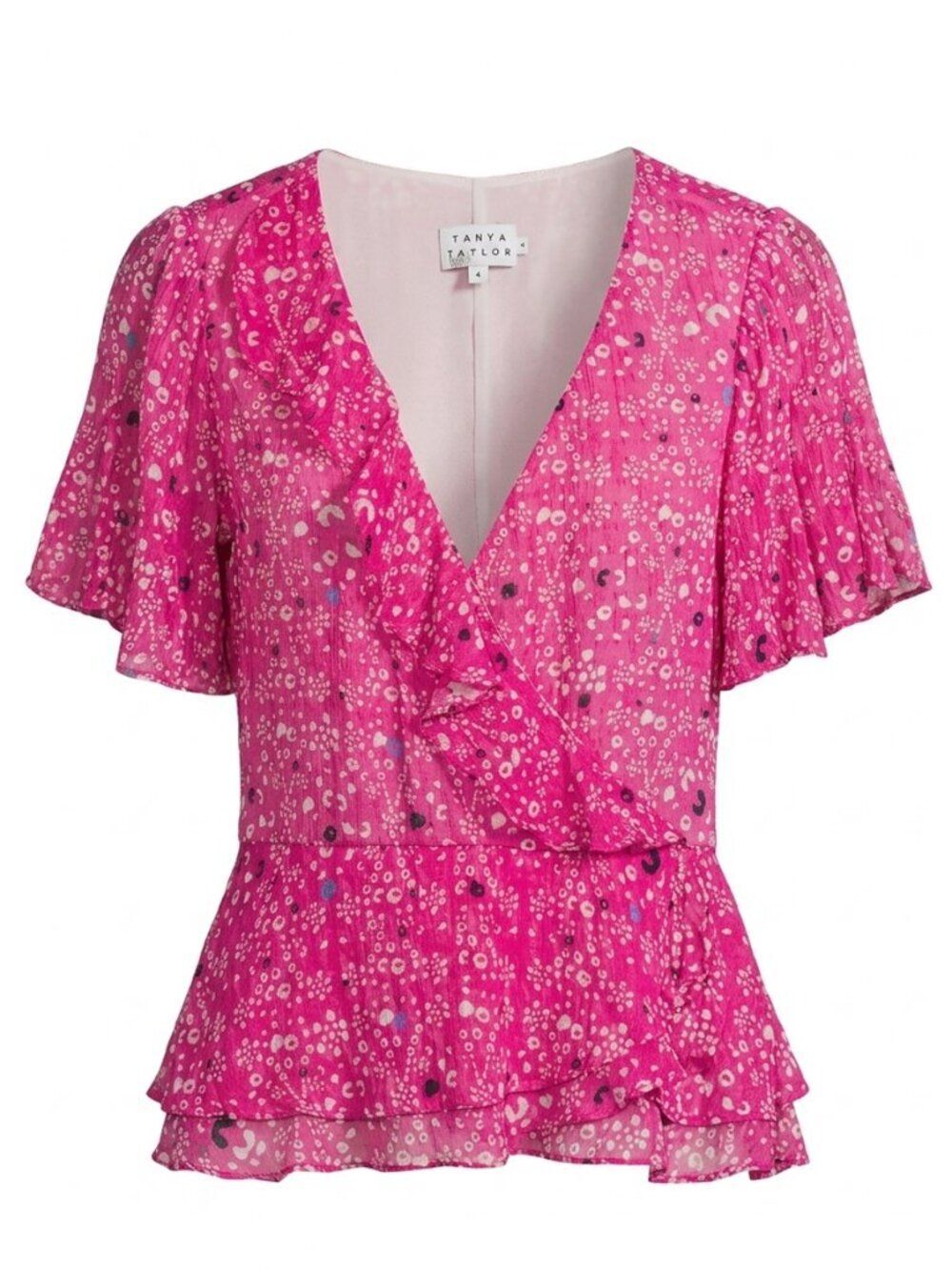 Tanya Taylor Bianka Top Women's Pink Floral Ikat Mosaic Silk Blend Ruffle Sz 4